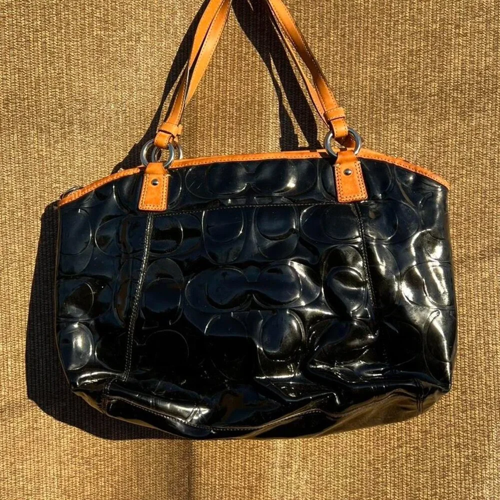 Coach black and tan leather Peyton Embossed Patent Leather Shoulder Tote Bag